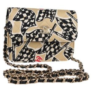Chanel Flap Card Holder On Chain Quilted Printed Canvas Beige Nylon Shoulder Bag